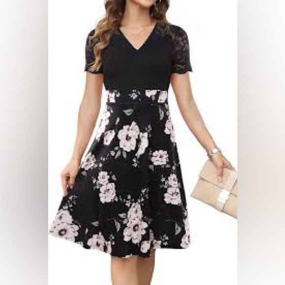 Lace Vintage Dresses for Women Casual A-Line V Neck Floral Flowy Midi Length XL - Picture 2 of 3